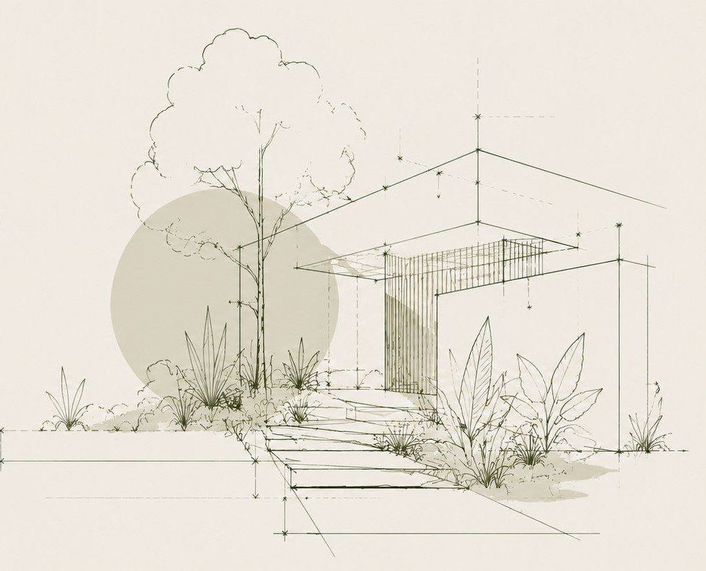 Boceto a línea de un jardín con casa, árbol y escalones